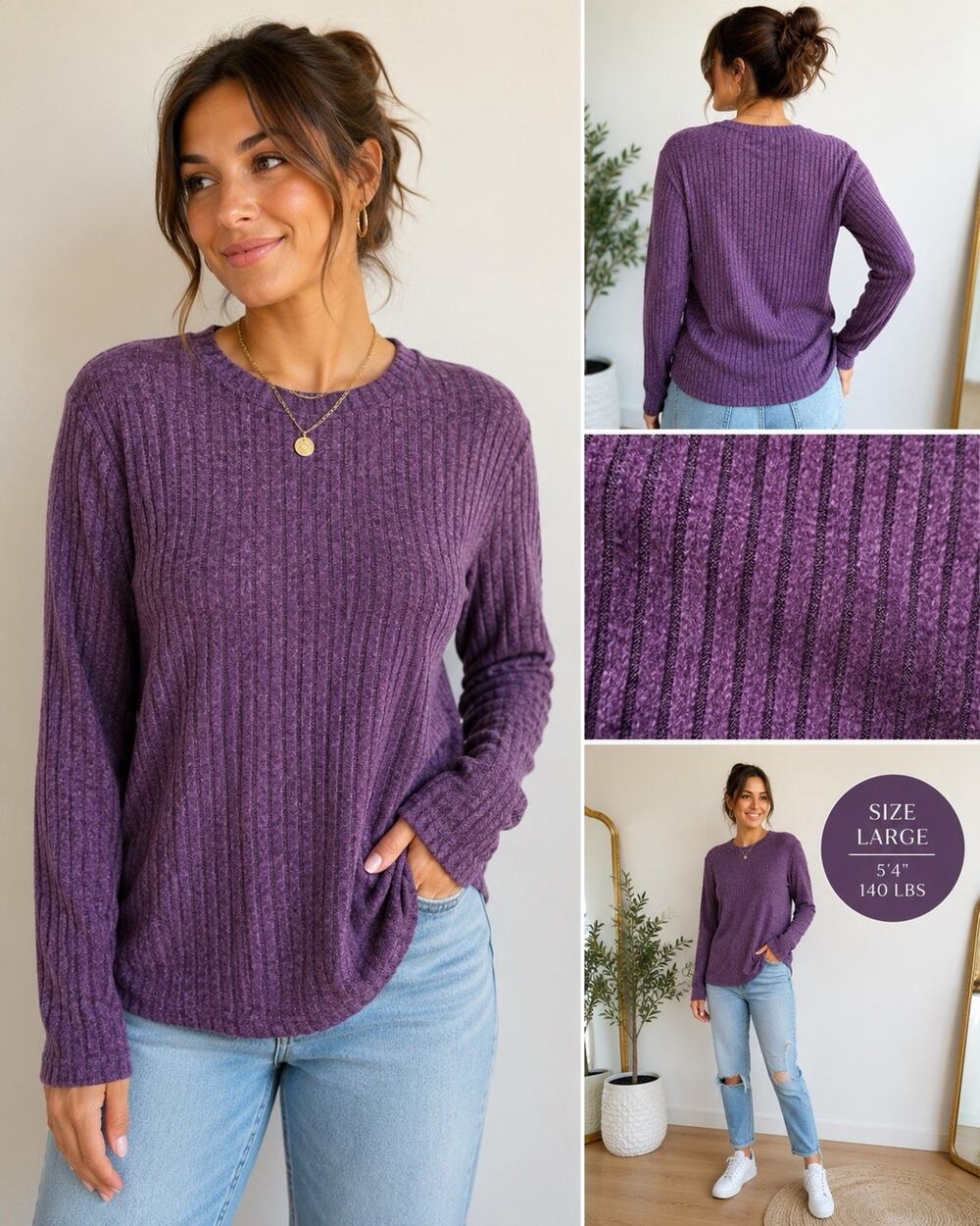 NWT Fantaslook Purple Ribbed Brushed Knit Crew Neck Long Sleeve Top Large